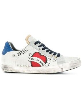 ZADIG & VOLTAIRE White Red Leather Distressed Spike Accents Sneaker Size 38/8